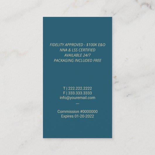 Noteerbare leningtekenaar Gold Quill Pen Blauwgroe Visitekaartje (Achterkant)