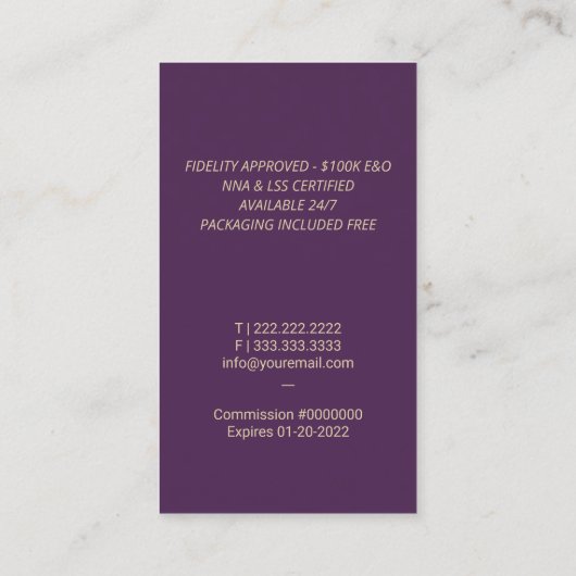 Noteerbare leningtekenaar Gold Quill Pen Paars Visitekaartje (Achterkant)