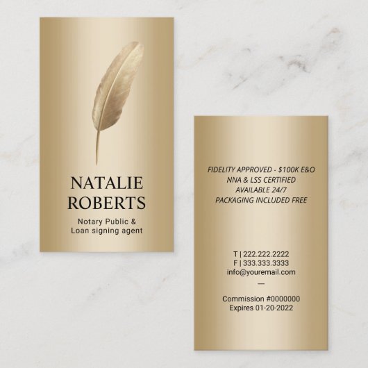 Noteerbare leningtekenaar Modern Gold Quill Pen Visitekaartje (Voorkant / Achterkant)