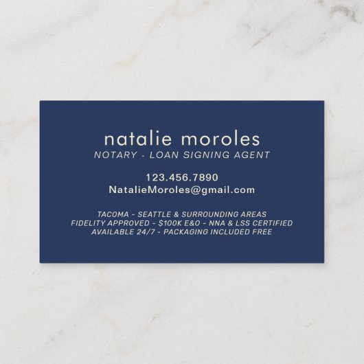 Noteerbare overheidsleningagent Modern Navy & Gold Visitekaartje (Achterkant)