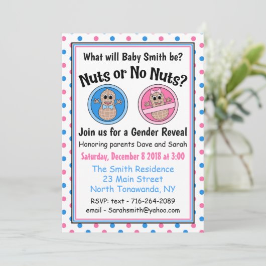 Noten of Geen Noten geslacht onthullen uitnodiging (Staand voorkant)