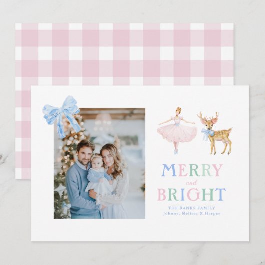 Notenkraker ballerina rendier strikken gingham feestdagenkaart (Voorkant / Achterkant)