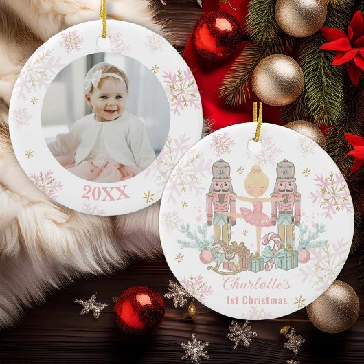 Notenkraker Ballet Roze 1e Kerst Baby Foto Keramisch Ornament