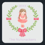 Notenkraker Clara Christmas Vierkante Sticker<br><div class="desc">Maak uw vakantieseizoen onvergetelijk met deze grillige notenkraker Clara stickers met een kerstthema. Het is tijd voor een Sugar Plum Holiday Celebration! U kunt dit ontwerp personaliseren door te klikken op "Deze sjabloon personaliseren" of als u het lettertype, de achtergrondkleuren wilt wijzigen of de ontwerpelementen op een andere manier wilt...</div>