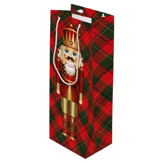 Notenkraker en Kerstmis Plaid Tall Wijn Cadeautas (Voorkant Gekanteld)