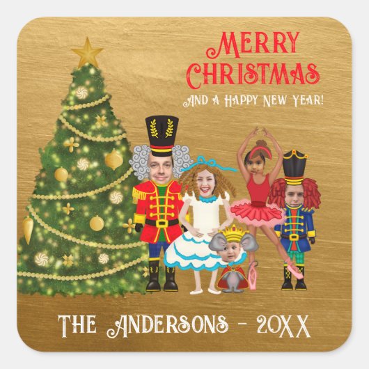 Notenkraker Familie van Vijf Grappig Vrolijk Kerst Vierkante Sticker (Voorkant)