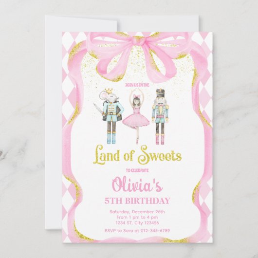 Notenkraker Land Van Snoepjes Fee Roze Uitnodiging (Voorkant)