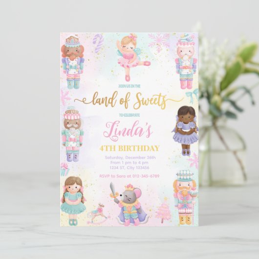 Notenkraker Land Van Snoepjes Fee Roze Uitnodiging (Staand voorkant)