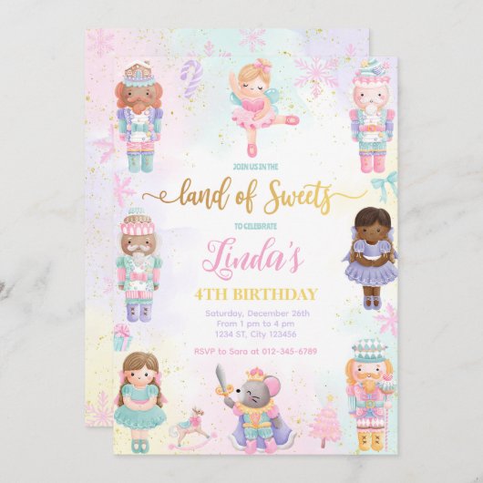 Notenkraker Land Van Snoepjes Fee Roze Uitnodiging (Voorkant / Achterkant)