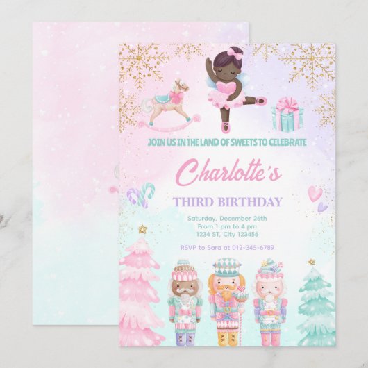 Notenkraker Land Van Snoepjes Fee Roze Uitnodiging (Voorkant / Achterkant)