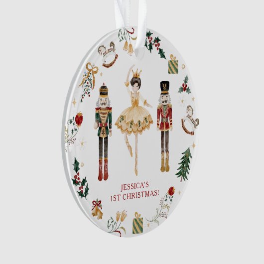 Notenkraker rood en goud ballerina eerste Kerstmis Ornament (voorkant)