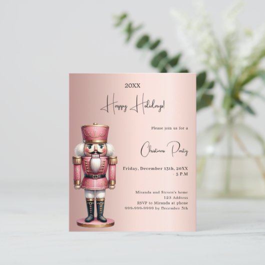 Notenkraker roos gouden kerstfeest uitnodiging (Staand voorkant)