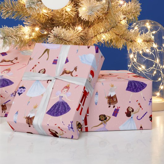 Notenkraker Roze Ballerina's Witte Kerstbomen Cadeaupapier