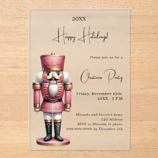Notenkraker roze bevroren kerstfeest acryl uitnodigingen (Voorkant)