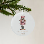 Notenkraker roze wit eenvoudige kerst glas ornament<br><div class="desc">Witte achtergrond en een roze notenkraker. Personaliseer en voeg een naam en jaar toe.</div>