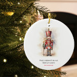 Notenkraker & Vrolijk Kerstfeest Keramisch Ornament<br><div class="desc">Een prachtig geïllustreerde -stijl Notenkraker soldaat, schitterend in zijn klassieke kleding, staat hoog, met een vrolijk kerstspandoek. De rijke, warme kleuren en ingewikkelde details roepen een gevoel van yuletide nostalgie op, waardoor het een perfecte keuze is voor degenen die de klassieke vakantie-esthetiek waarderen. Moge uw vakantieseizoen gevuld zijn met vreugde,...</div>