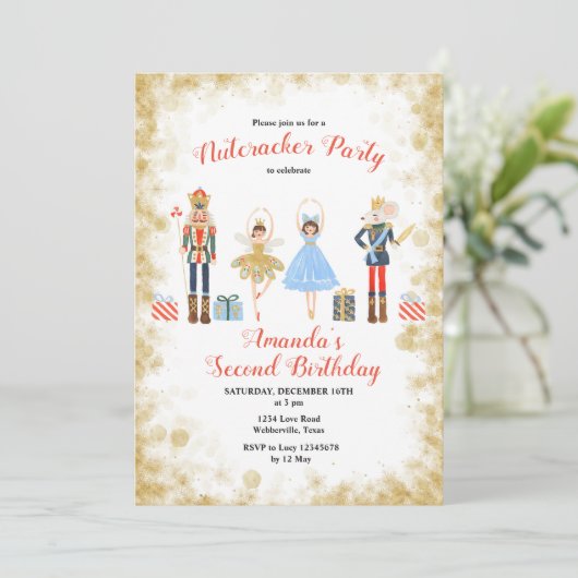 Notenkraker Winter Verjaardag Gold Uitnodiging (Staand voorkant)