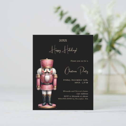 Notenkraker zwart goud kerstfeest uitnodiging (Staand voorkant)
