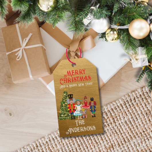 Notenkrakersfamilie van vijf grappige vrolijke ker cadeaulabel