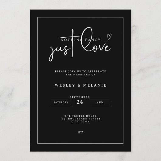Nothing Fancy Just Love Black Minimalist Wedding Kaart (Voorkant)