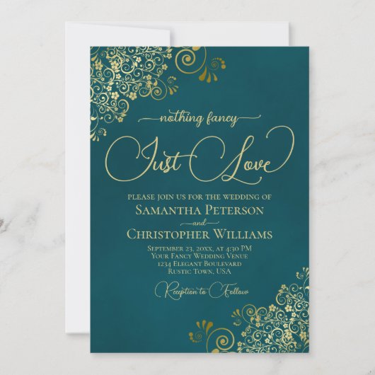 Nothing Fancy Just Love Deep Teal & Gold Wedding Kaart (Voorkant)