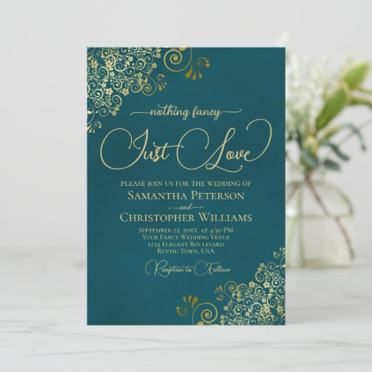 Nothing Fancy Just Love Deep Teal & Gold Wedding Kaart (Staand voorkant)