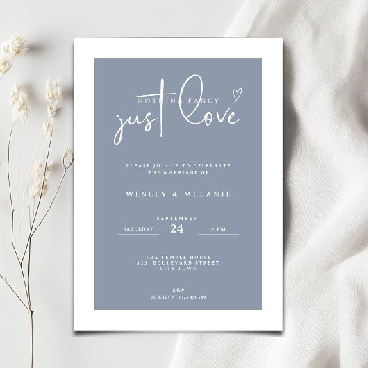 Nothing Fancy Just Love Dust Blue Elegant Wedding Kaart