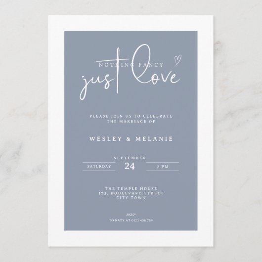 Nothing Fancy Just Love Dust Blue Elegant Wedding Kaart (Voorkant)