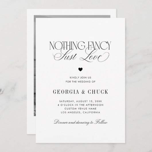 Nothing Fancy Just Love Luxe Script Photo Wedding Kaart (Voorkant / Achterkant)