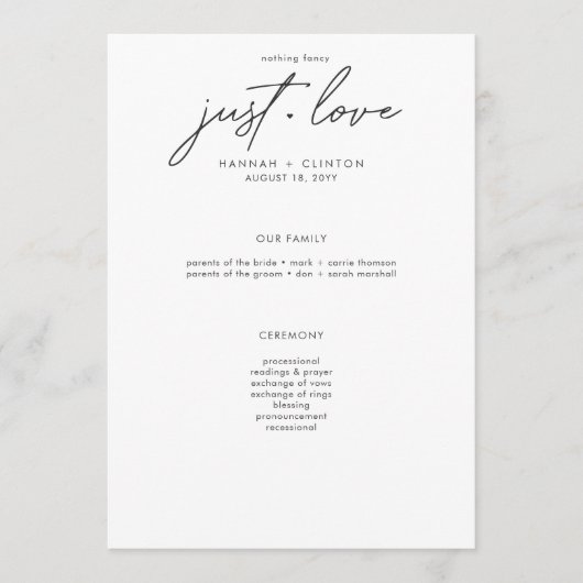 Nothing Fancy Just Love Minimalist Wedding Programmakaart (Voorkant)