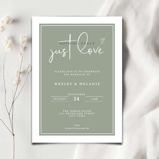 Nothing Fancy Just Love Sage Green Elegant Wedding Kaart