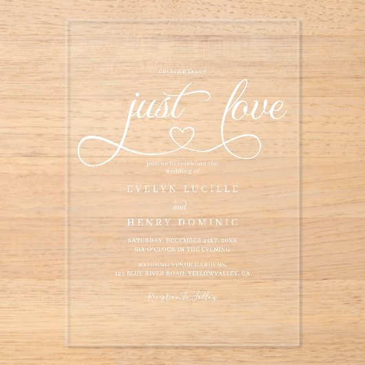 Nothing Fancy Just Love Script Heart Wedding Acryl Uitnodigingen (Voorkant)