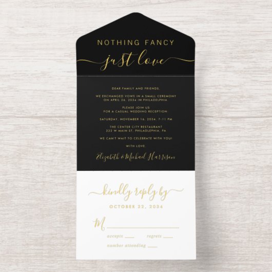 Nothing Fancy Just Love Wedding Reception Foil All In One Uitnodiging (Binnenkant)