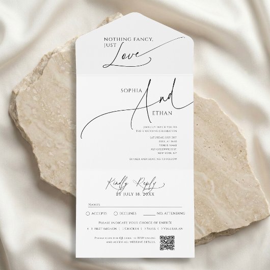 Nothing Fancy Minimalist Calm White Wedding All In One Uitnodiging