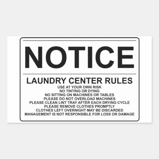 'Notice Laundry Rules' Laundromat Overlay Zwart Rechthoekige Sticker (Voorkant)