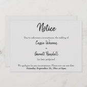 "Notice" Uitgesteld bruiloft zwart op grijze Kaart (Voorkant / Achterkant)
