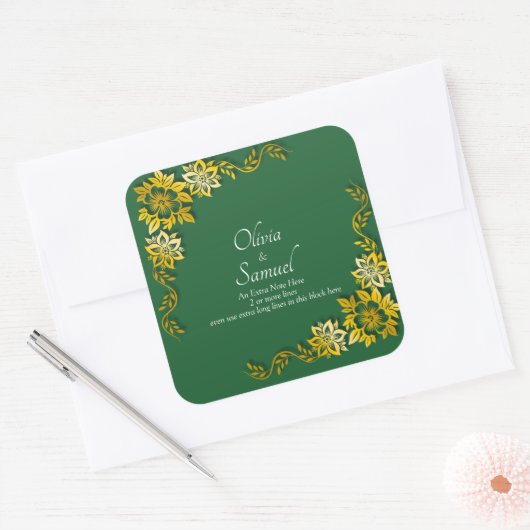 Notitie + Bruid Bruidegom Namen Smaragdgroen & Gou Vierkante Sticker (Envelop)