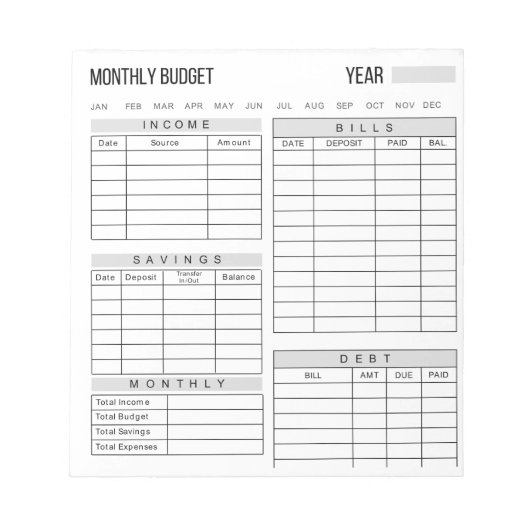 Notitieblok maandelijkse budgetplanner (Voorkant)