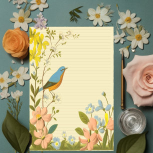 Notitieblok met blauwe vogels en wilde bloemen