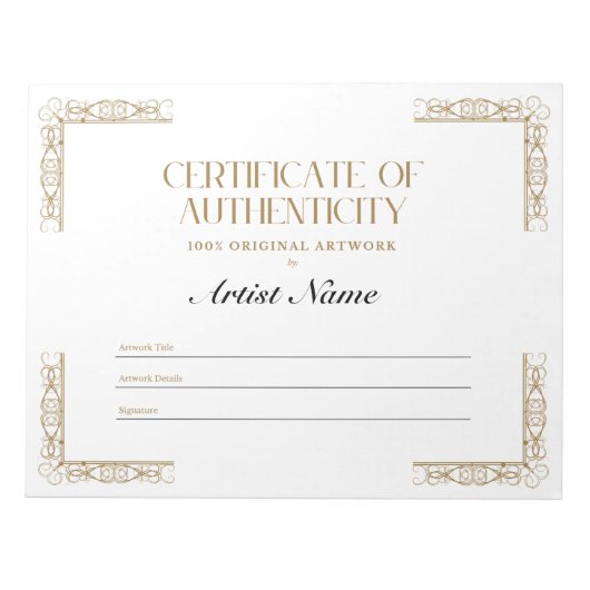 Notitieblok voor persoonlijk echtheidscertificaat (Voorkant)