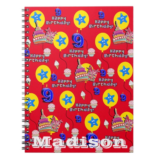 Notitieboek, #9 Happy 9th Birthday Notities rood Notitieboek (Voorkant)