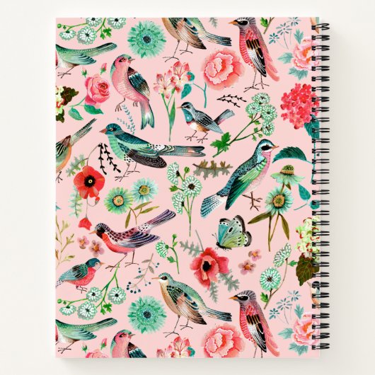 Notitieboek met vogel- en bloemroze all-overdruk (Achterkant)