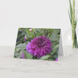 Notitiekaart met een paarse dahlia in een tuin