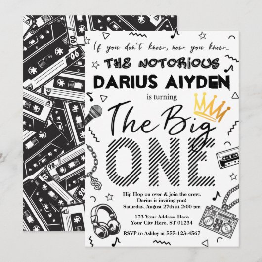 Notorious One Birthday Invitation, 90s Hip Hop Kaart (Voorkant / Achterkant)