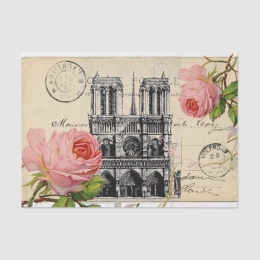 Notre Dame Paris Pink Roses Briefkaart Weefpapier Tissuepapier (Voorkant)