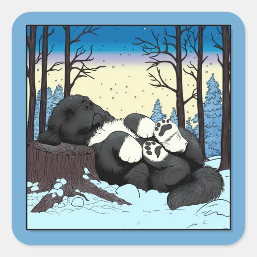 Notta Bear Cozy Winter Nap Newfoundland Puppy Vierkante Sticker (Voorkant)