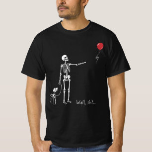 Nou ja Skeleton en Hond Rode Ballon Donkere Humor T-shirt