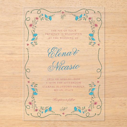  Nouveau Botanisch Lijst Roze Blauw Huwelijk Acryl Uitnodigingen (Voorkant)