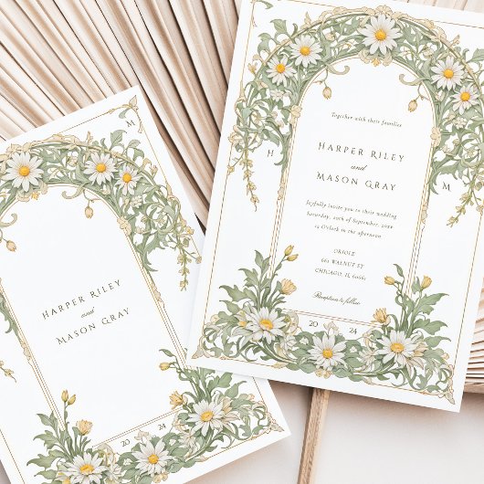 Nouveau Daisies bruiloft in Ivoor en Groen Kaart