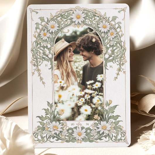 Nouveau Daisies Foto Huwelijk Ivoorgroen Kaart